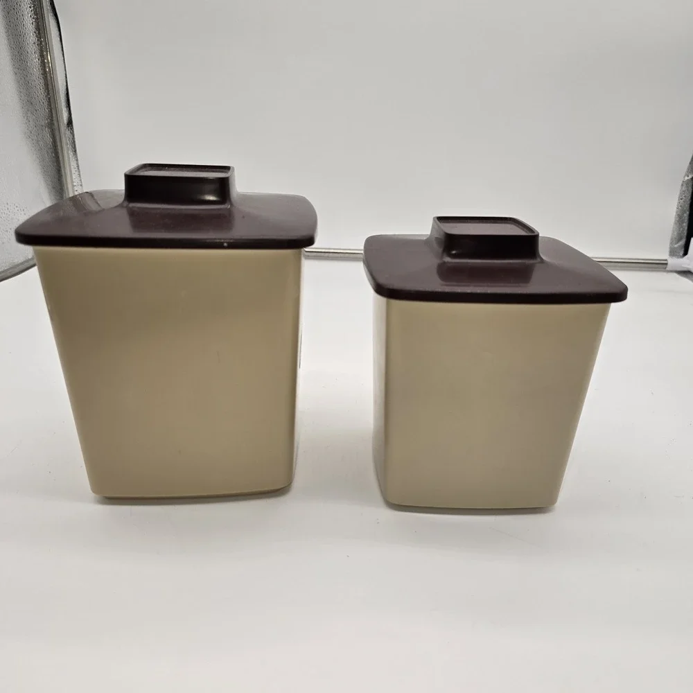 Vintage 70s 2 Piece Plastic Tan Brown‎ Canister Coffee Tea Only Kitchen Decor